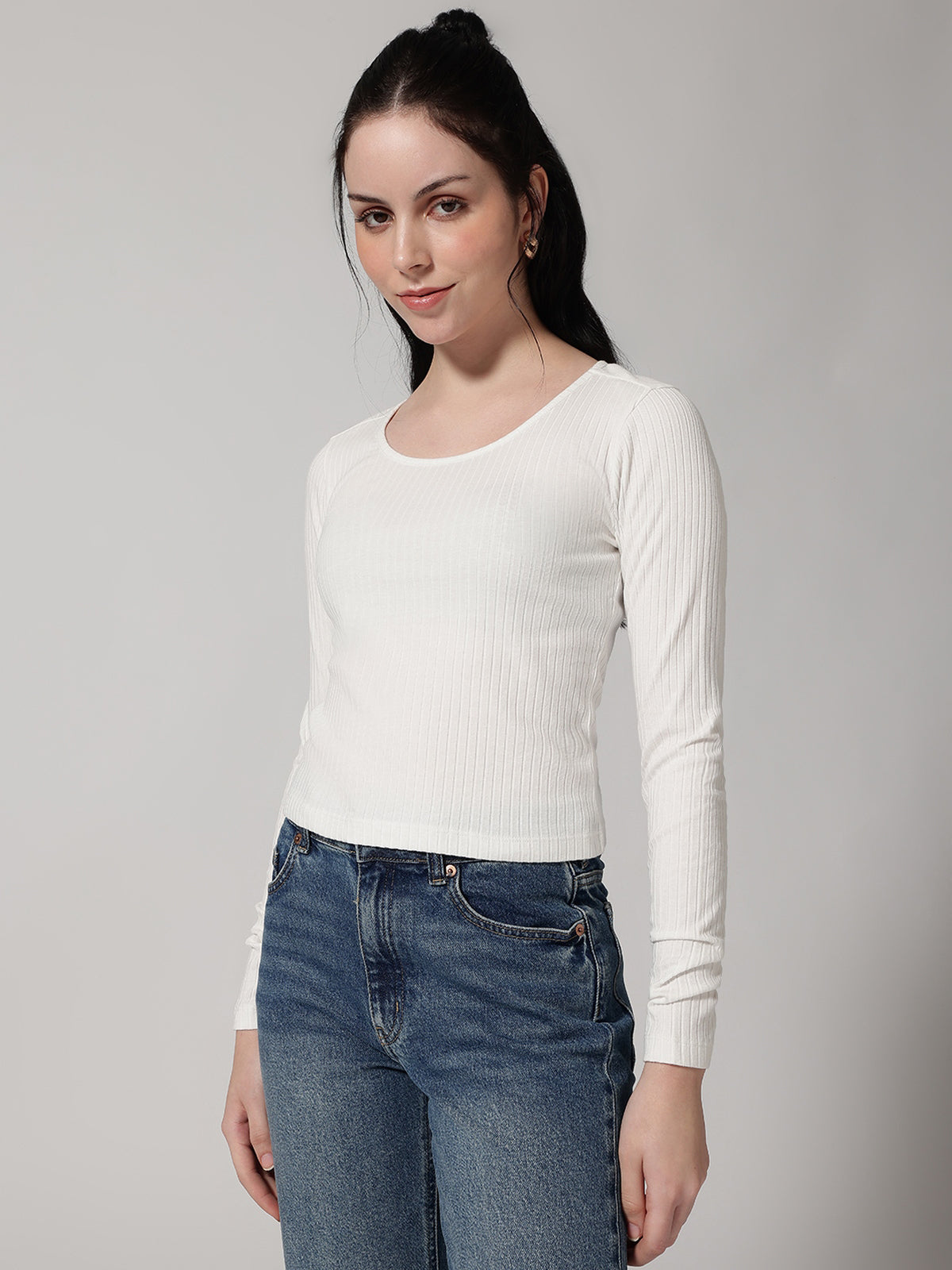 White Solid Ribbed T-Shirt