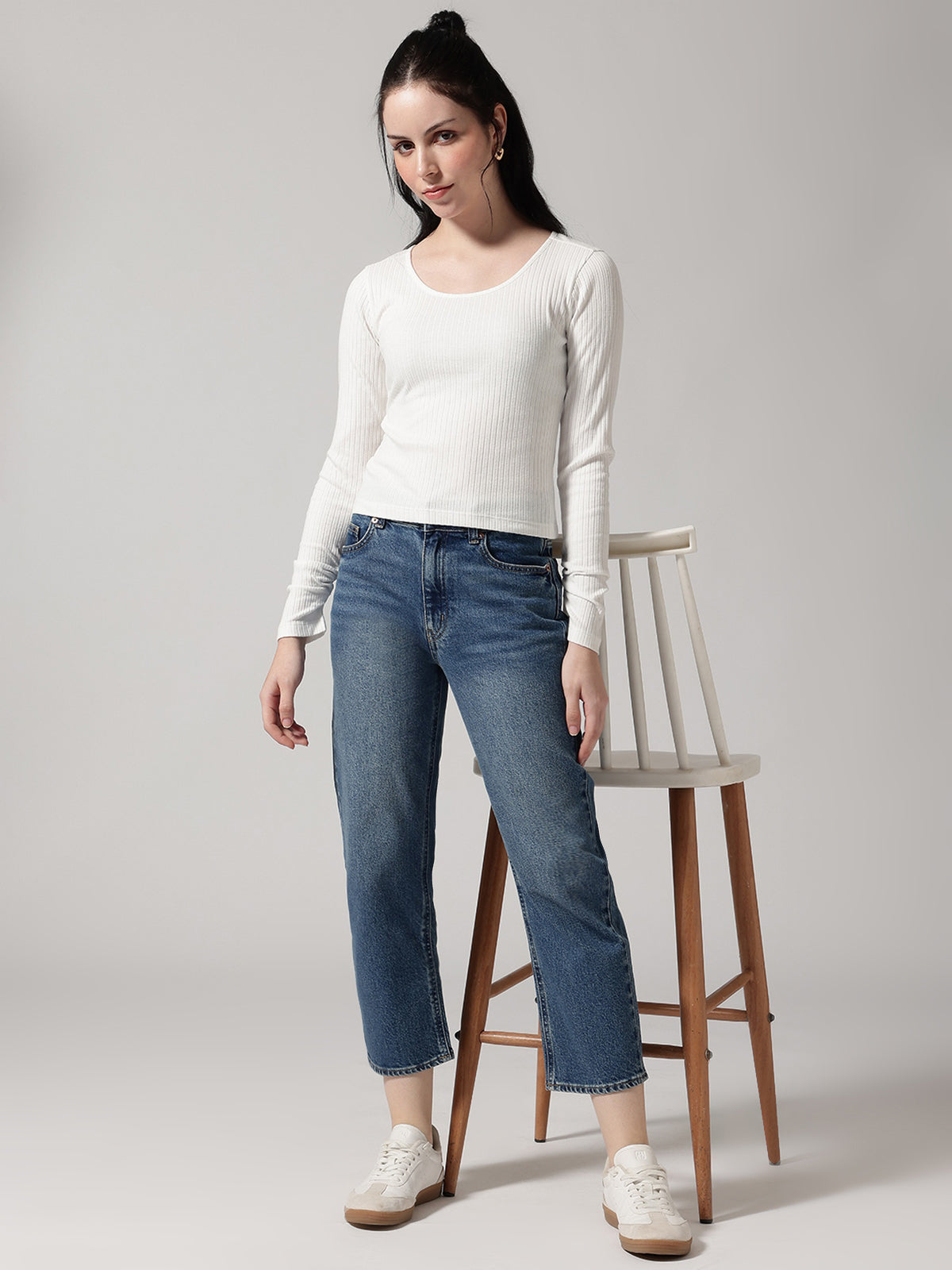 White Solid Ribbed T-Shirt