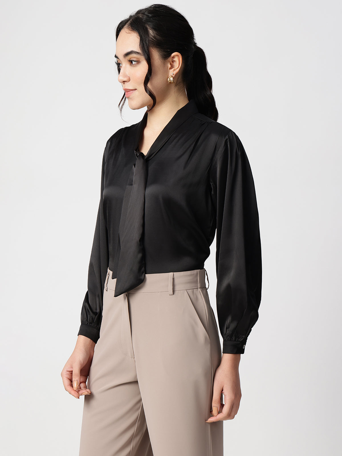 Black Tie-Up Neck Satin Regular Fit Top