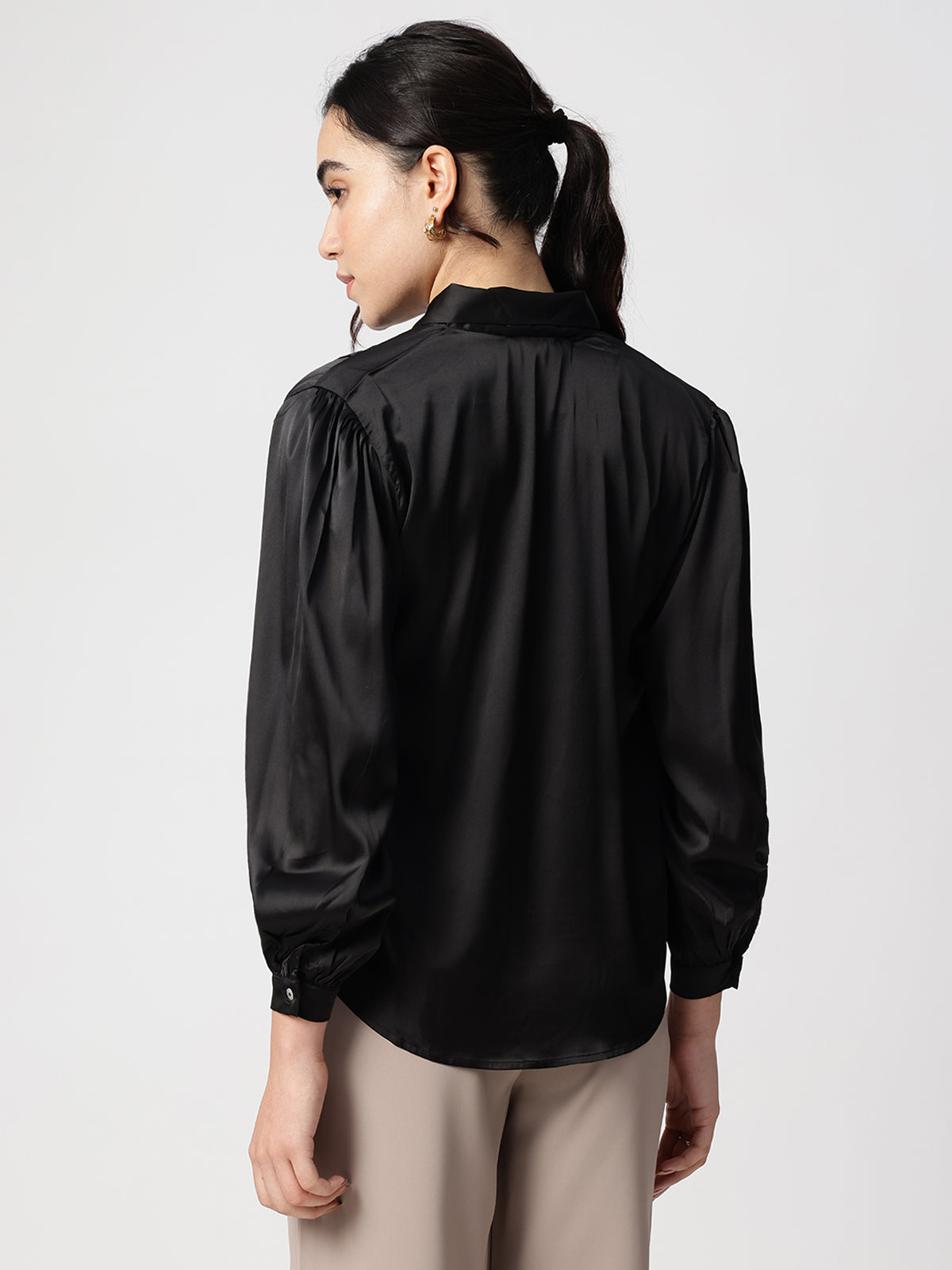 Black Tie-Up Neck Satin Regular Fit Top