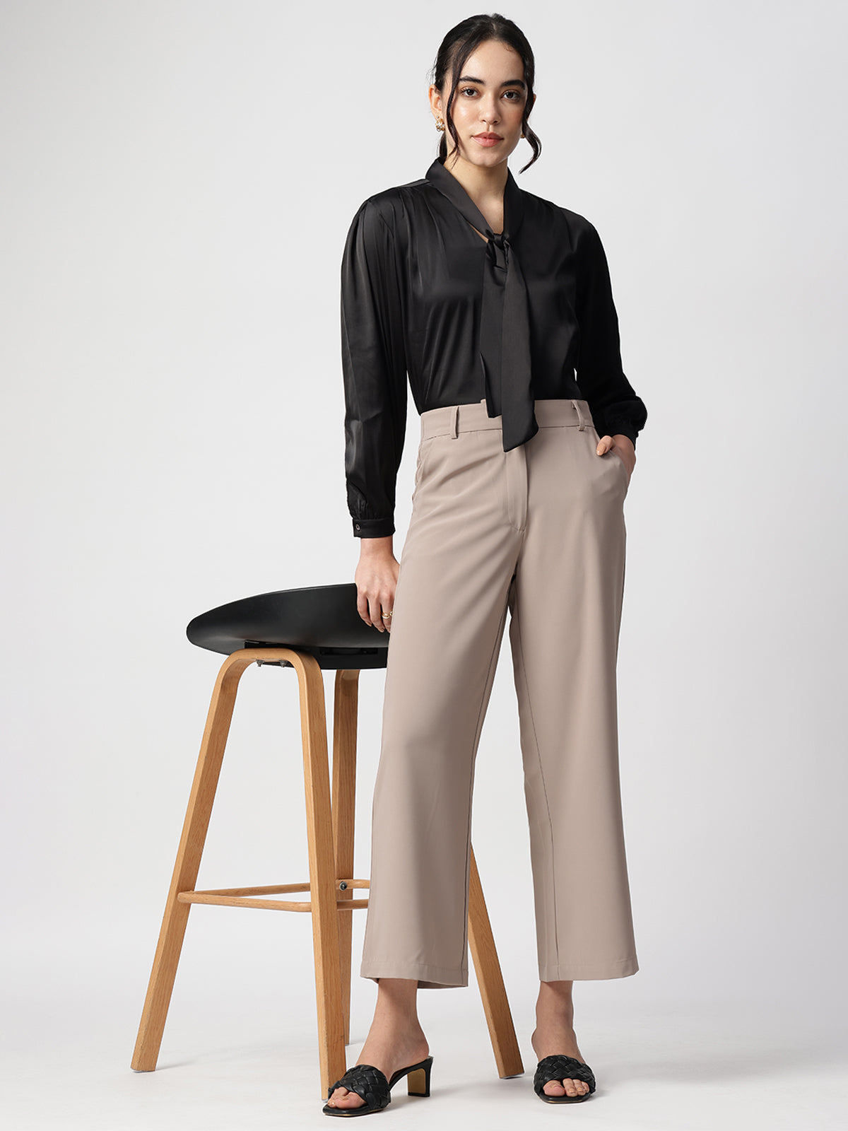 Black Tie-Up Neck Satin Regular Fit Top