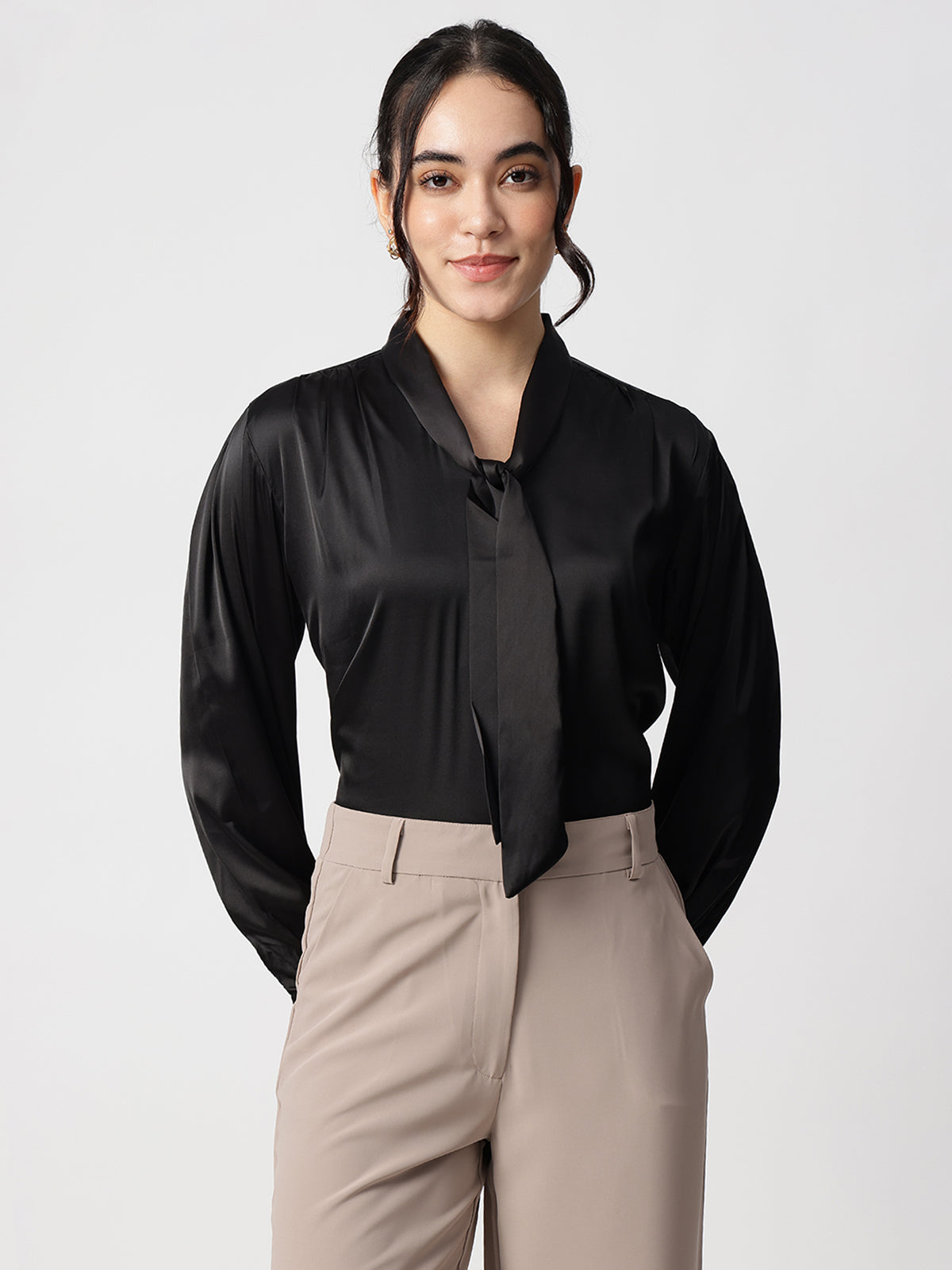 Black Tie-Up Neck Satin Regular Fit Top