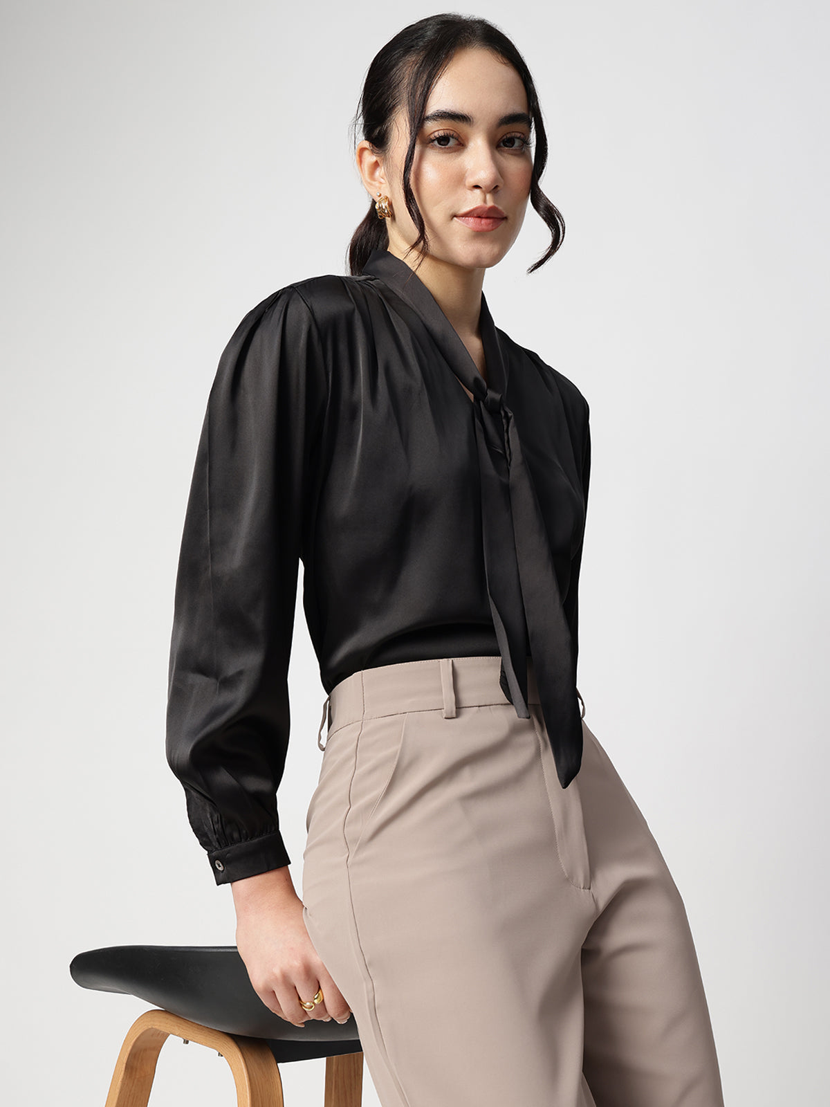 Black Tie-Up Neck Satin Regular Fit Top