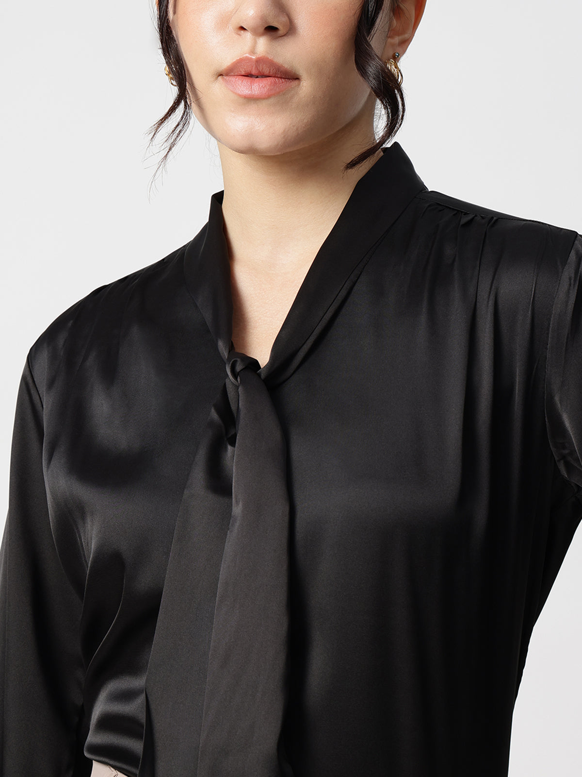Black Tie-Up Neck Satin Regular Fit Top
