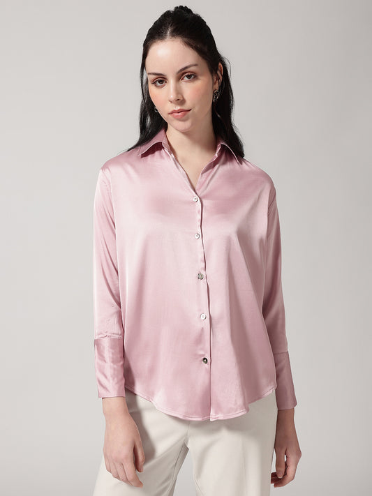 Pink Satin Spread Collar Shirt