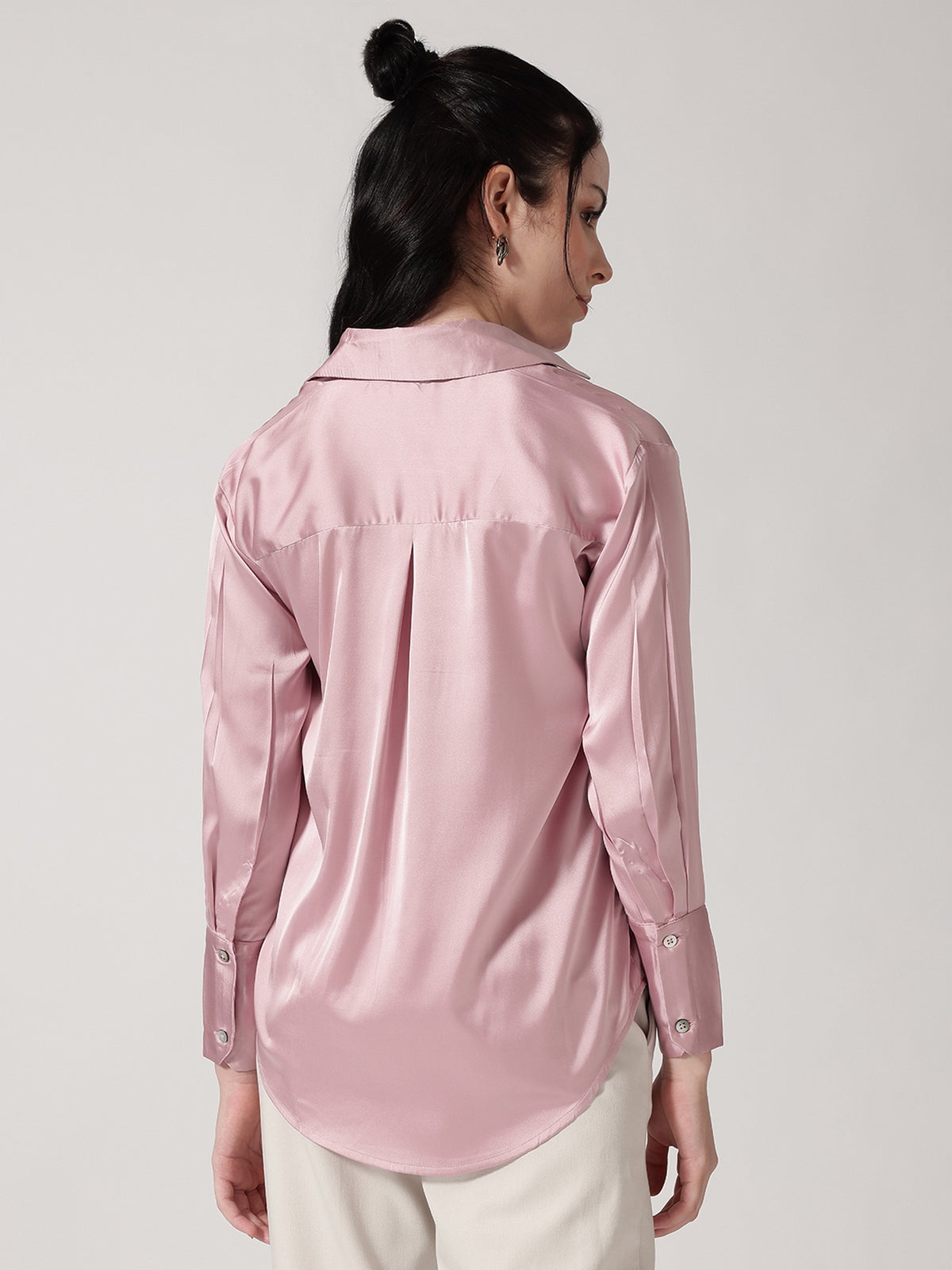 Pink Satin Spread Collar Shirt
