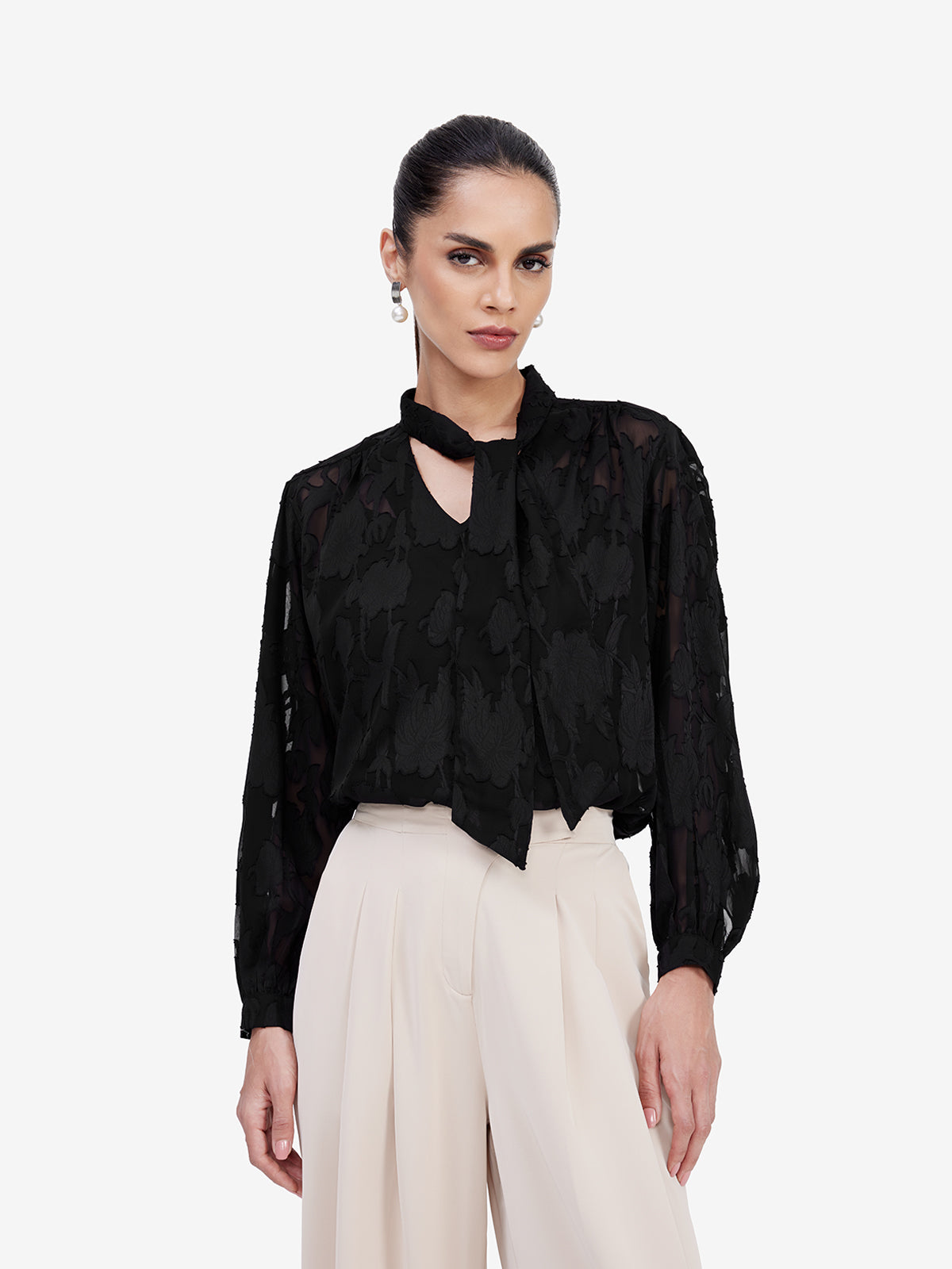 Black Jacquard Tie-Up Top