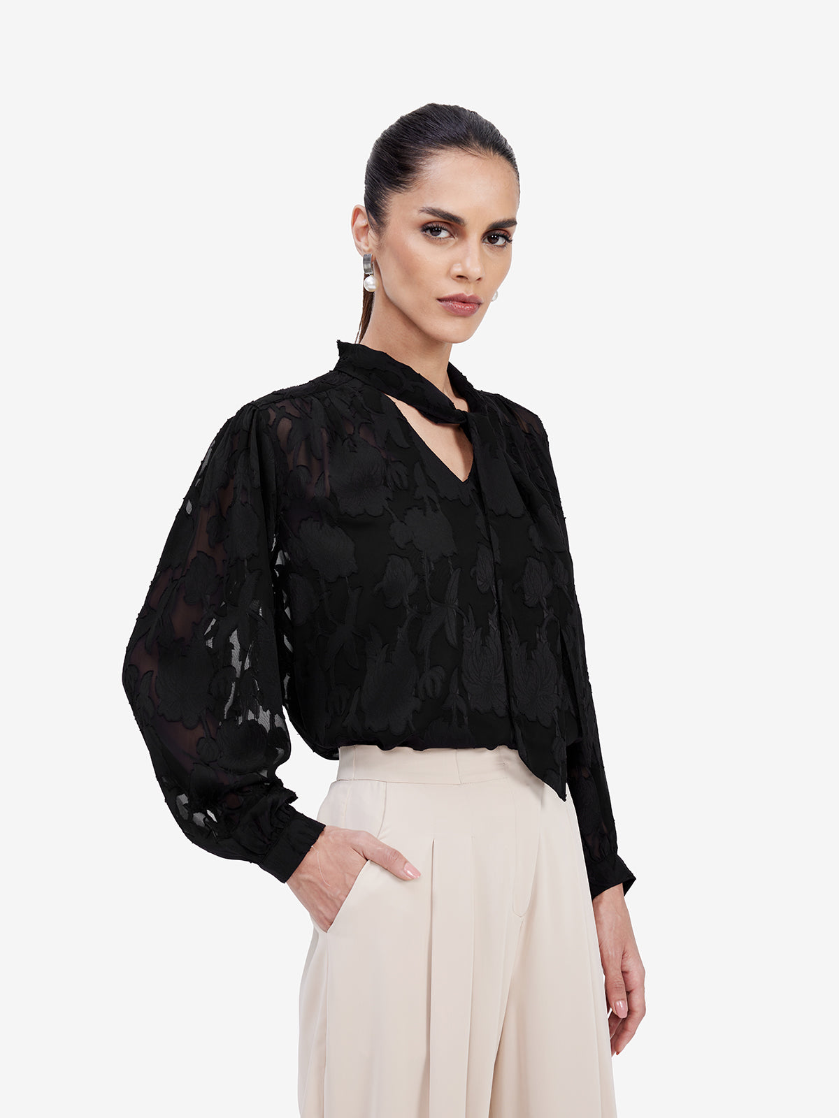 Black Jacquard Tie-Up Top