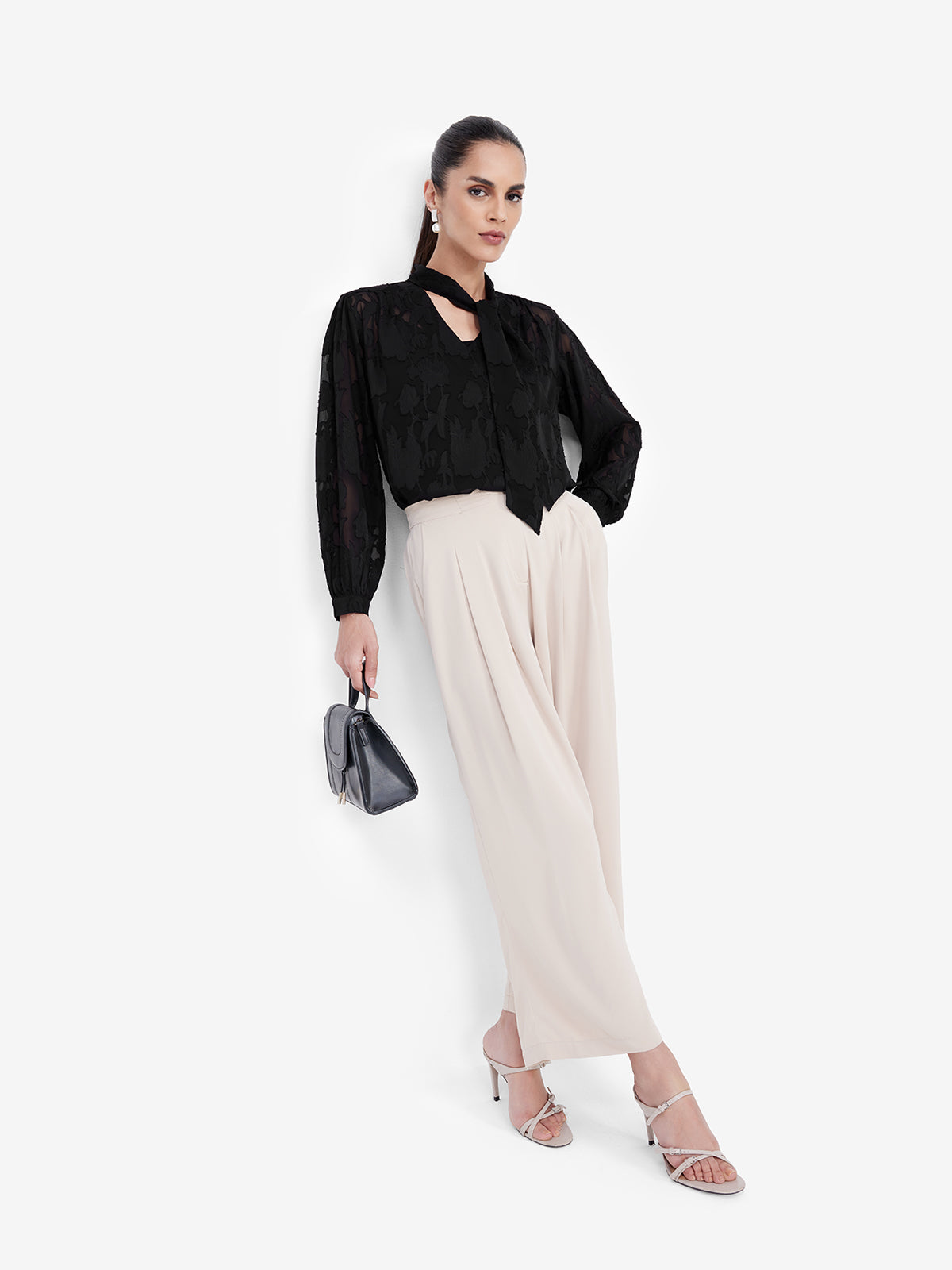 Black Jacquard Tie-Up Top