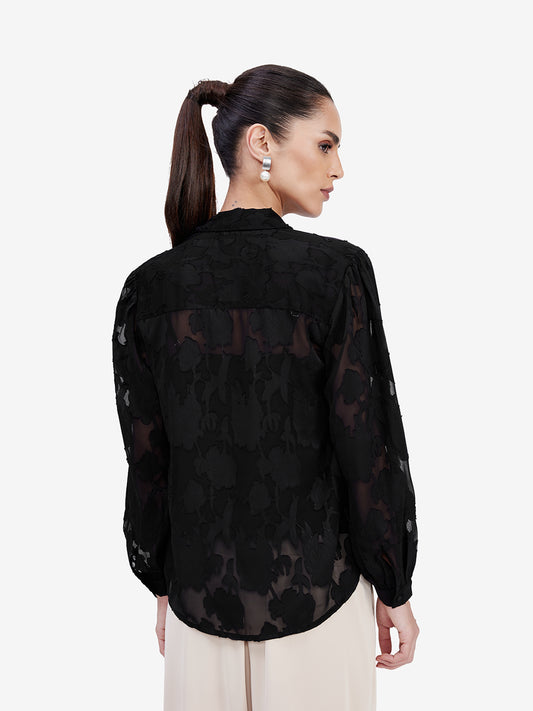 Black Jacquard Tie-Up Top