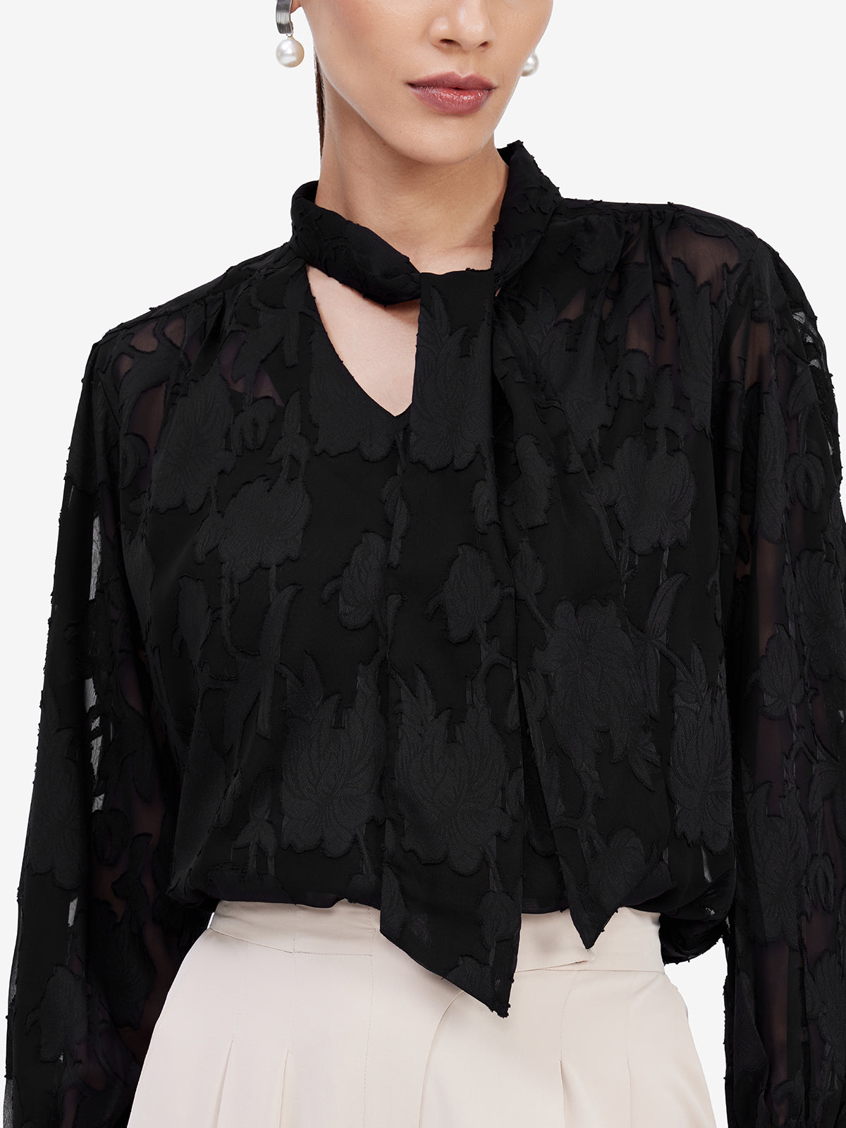 Black Jacquard Tie-Up Top