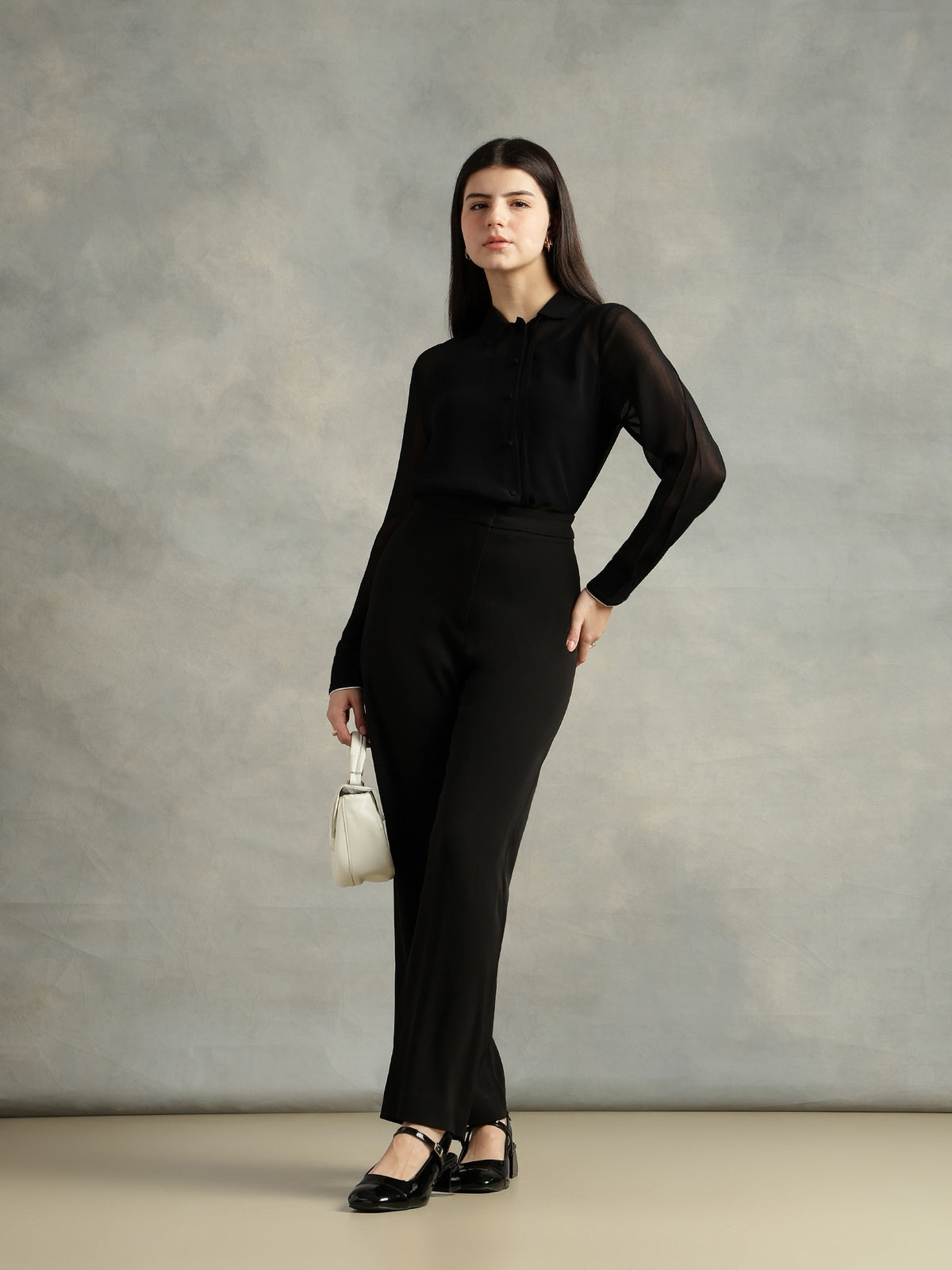 Black Georgette Spread Collar  Shirt