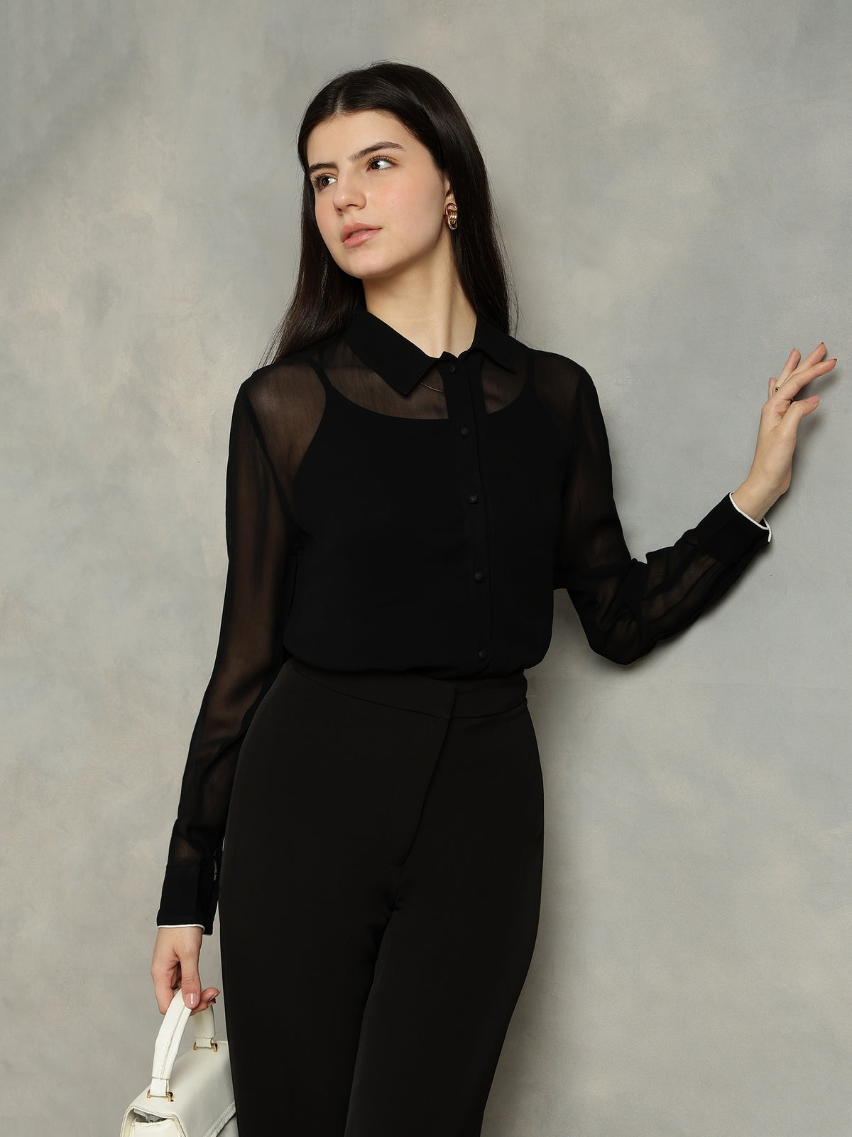 Black Georgette Spread Collar  Shirt