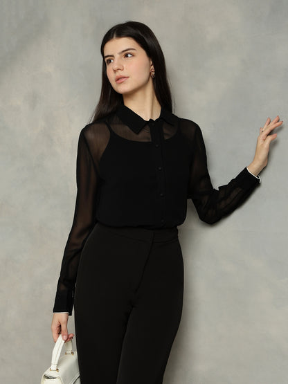 Black Georgette Spread Collar  Shirt