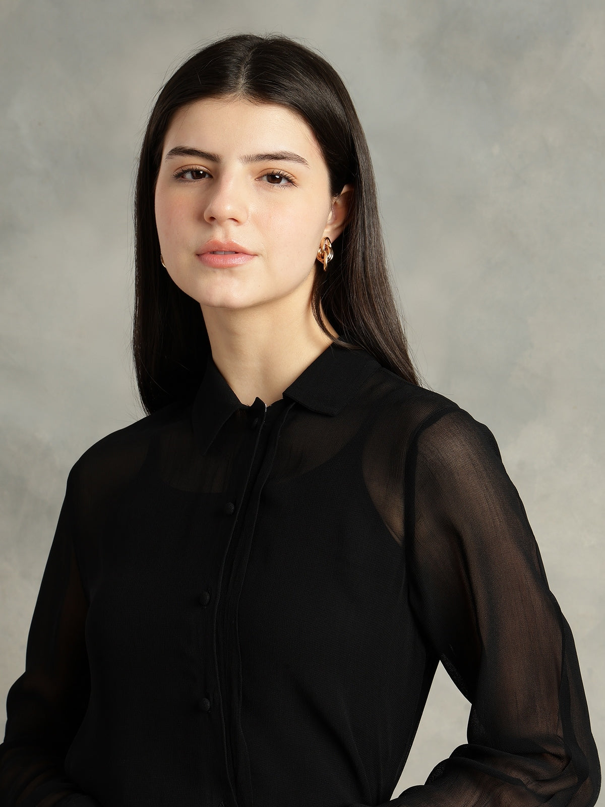 Black Georgette Spread Collar  Shirt