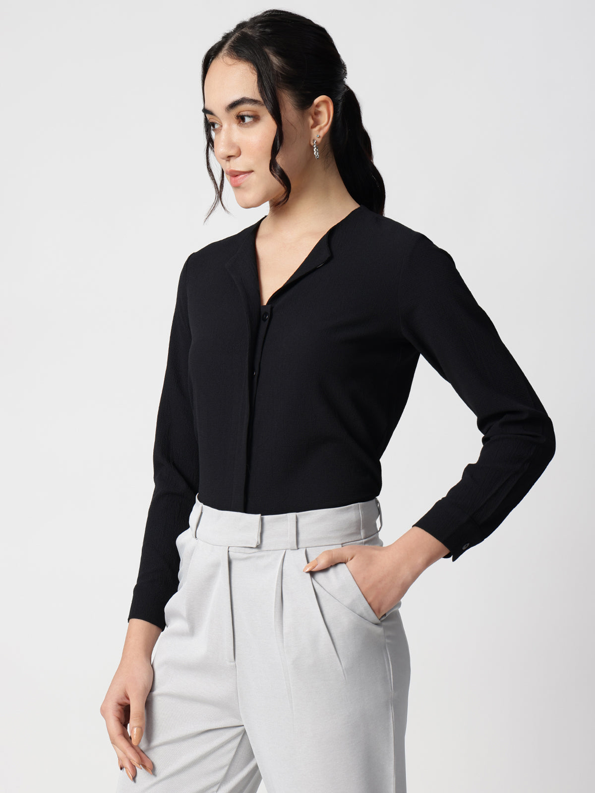 Black Crepe Cuban Collar Shirt
