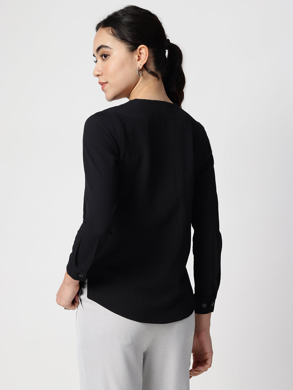 Black Crepe Cuban Collar Shirt