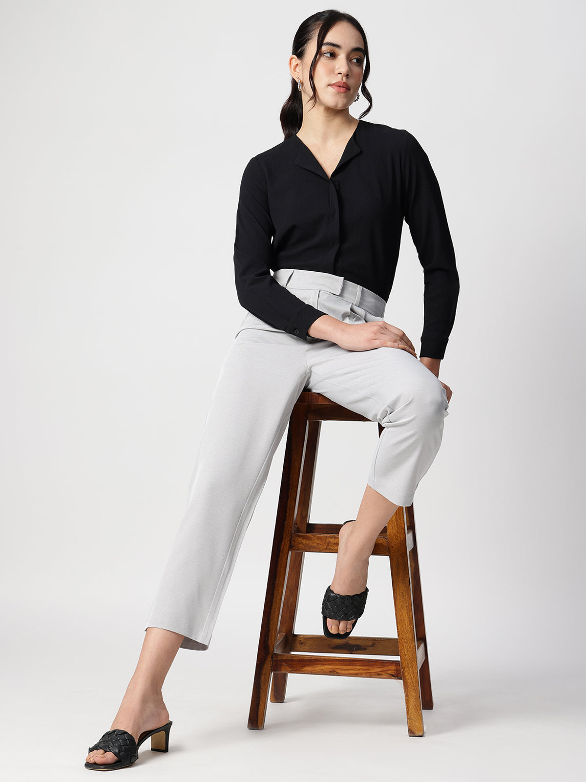 Black Crepe Cuban Collar Shirt