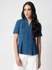 Blue Crepe Spread Collar Shirt