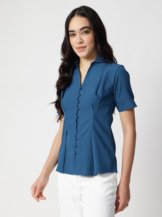 Blue Crepe Spread Collar Shirt