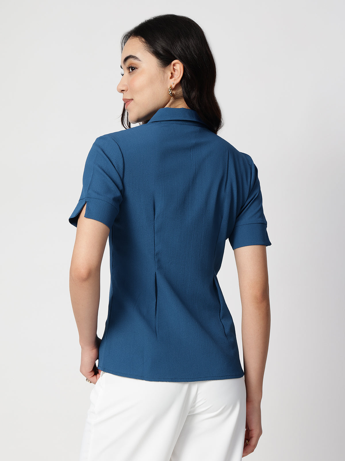 Blue Crepe Spread Collar Shirt