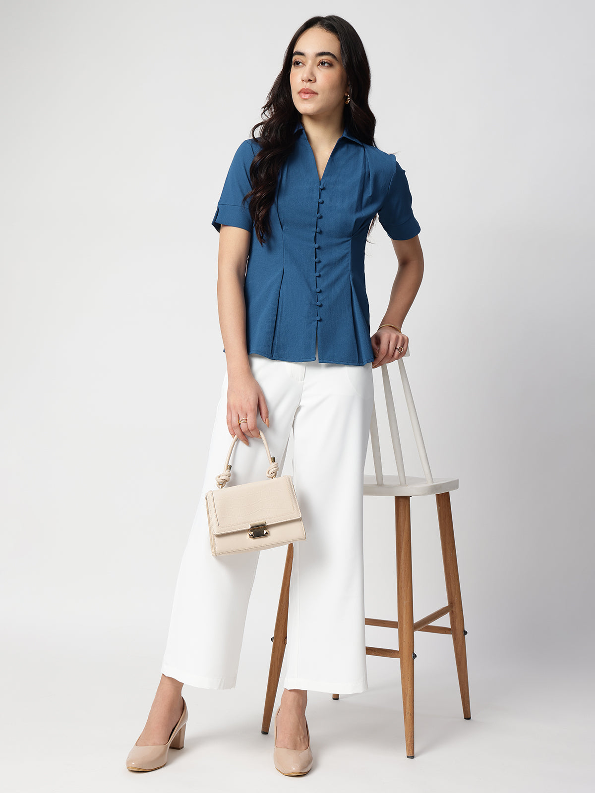Blue Crepe Spread Collar Shirt