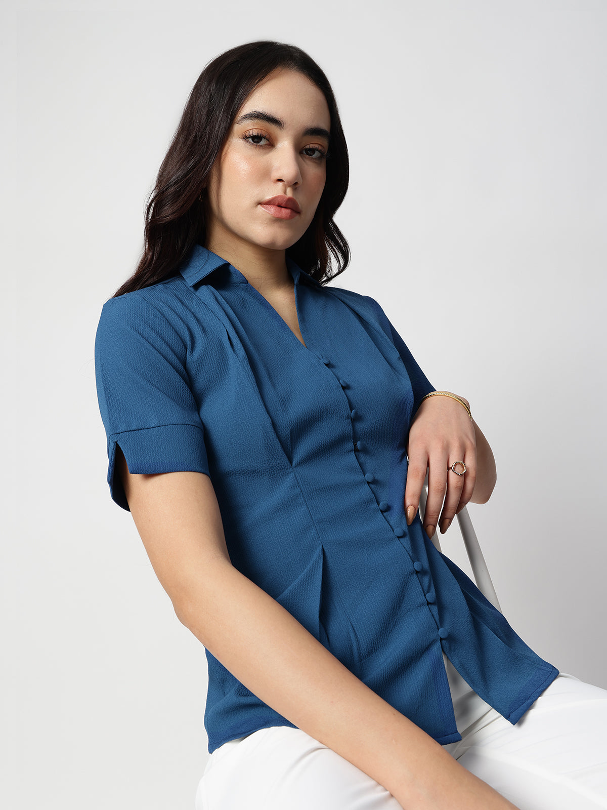 Blue Crepe Spread Collar Shirt