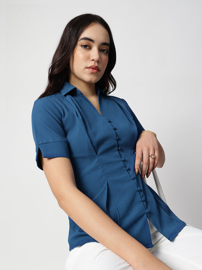 Blue Crepe Spread Collar Shirt