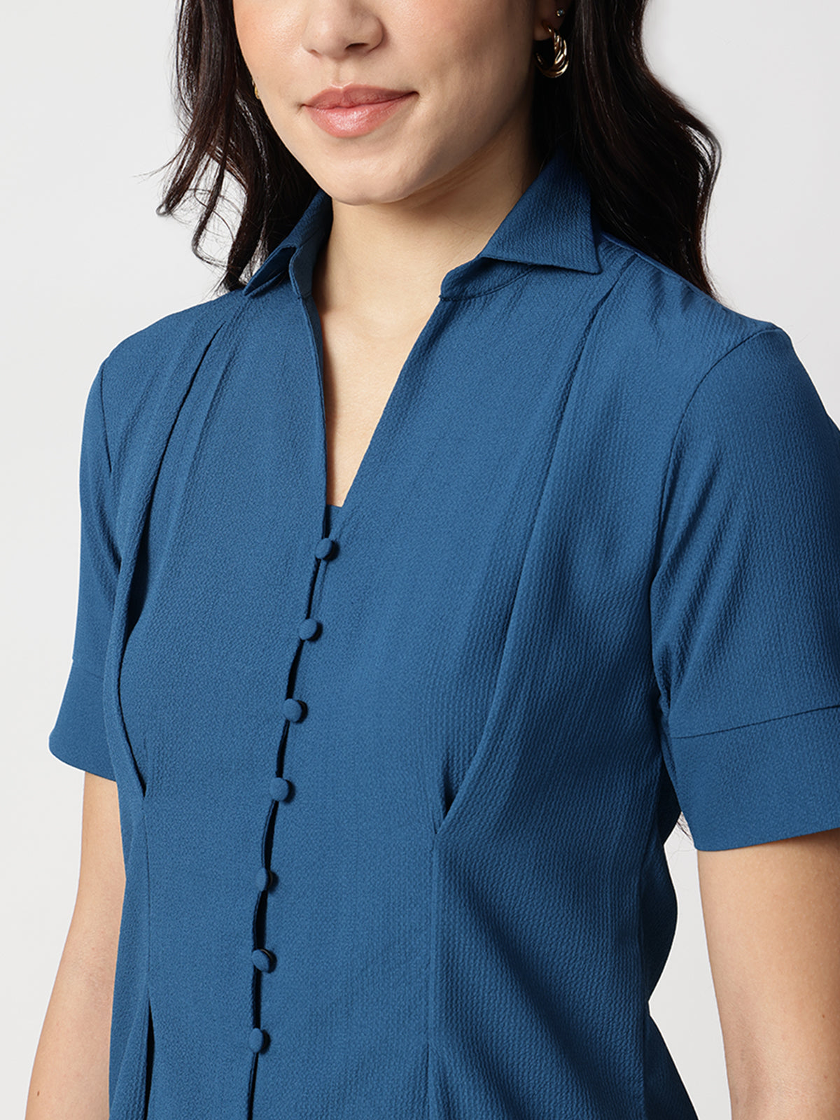Blue Crepe Spread Collar Shirt