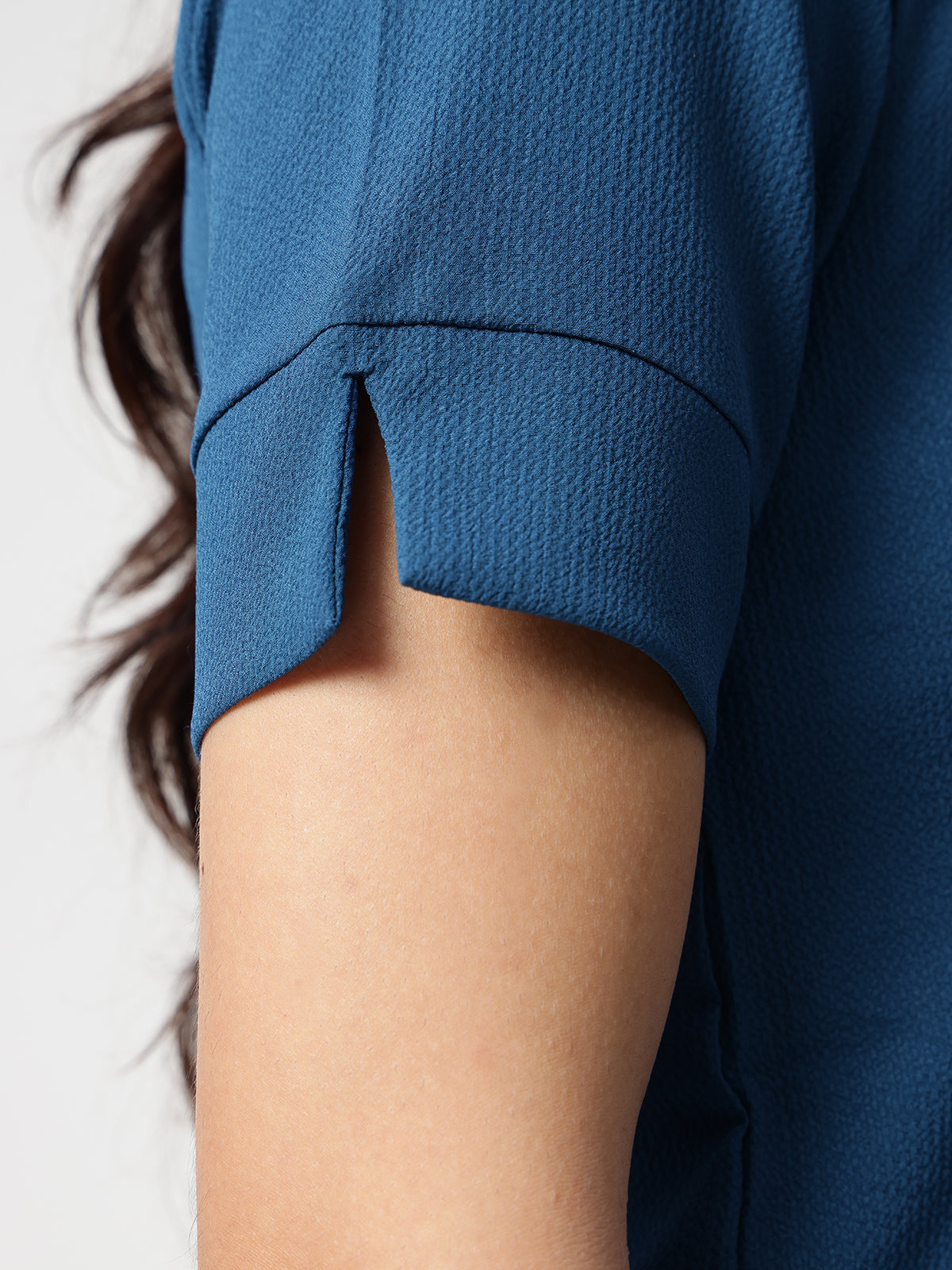 Blue Crepe Spread Collar Shirt