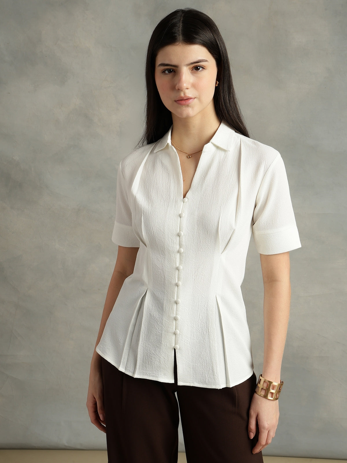 White Crepe Spread Collar Shirt