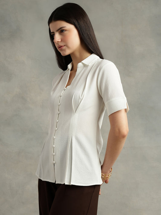 White Crepe Spread Collar Shirt