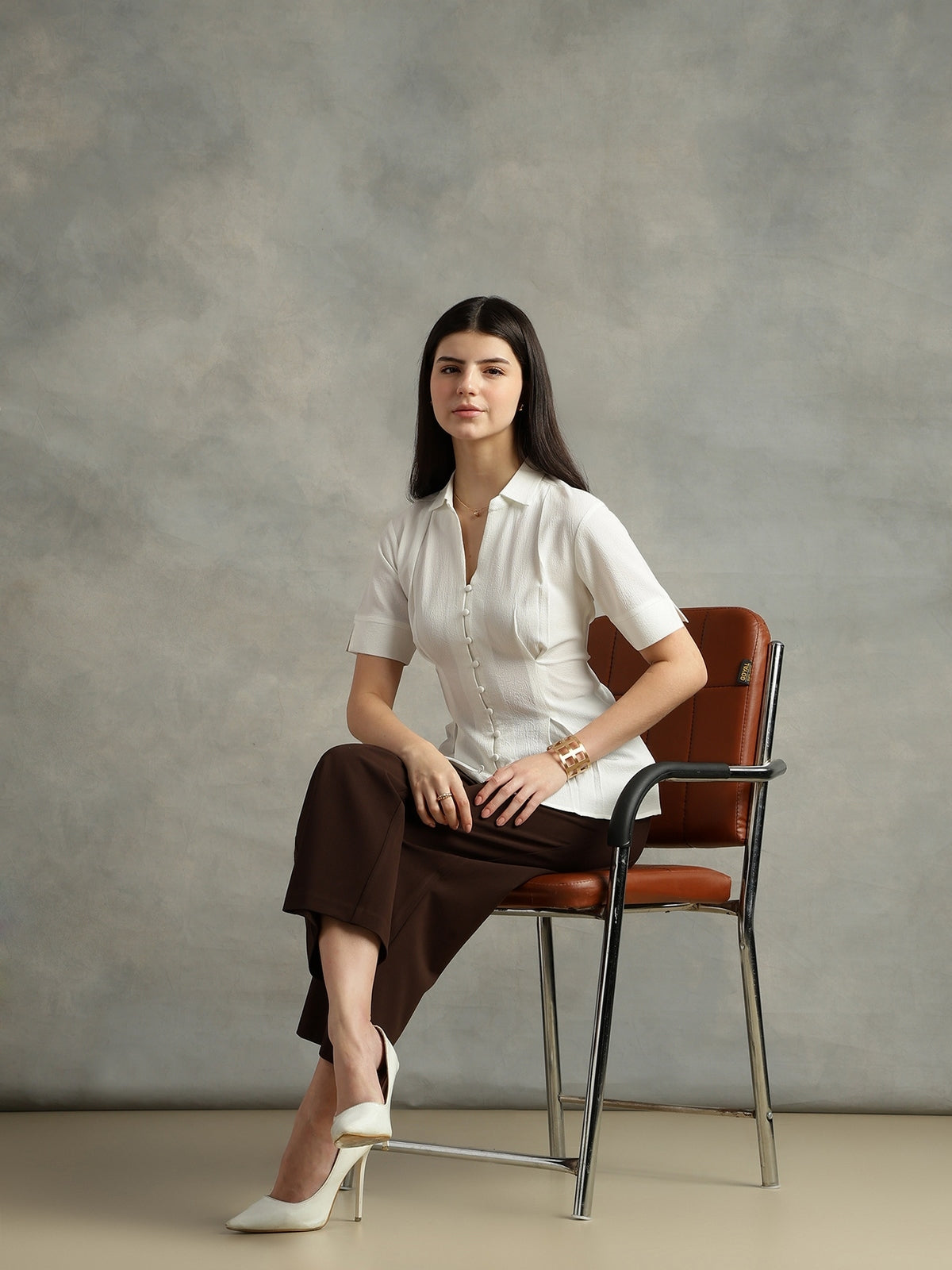 White Crepe Spread Collar Shirt