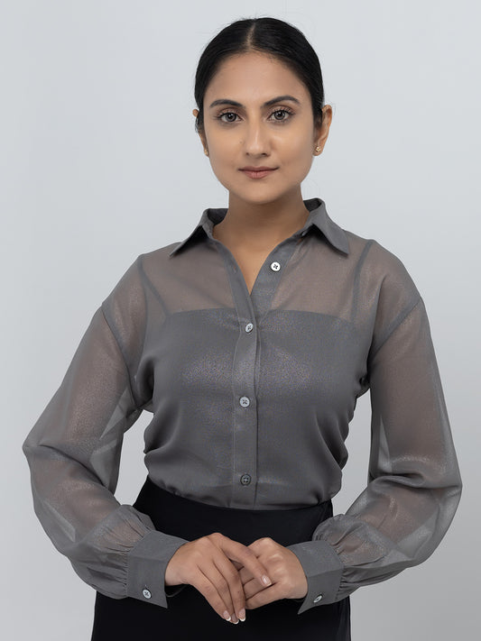 Grey Georgette Spread Collar Shirt
