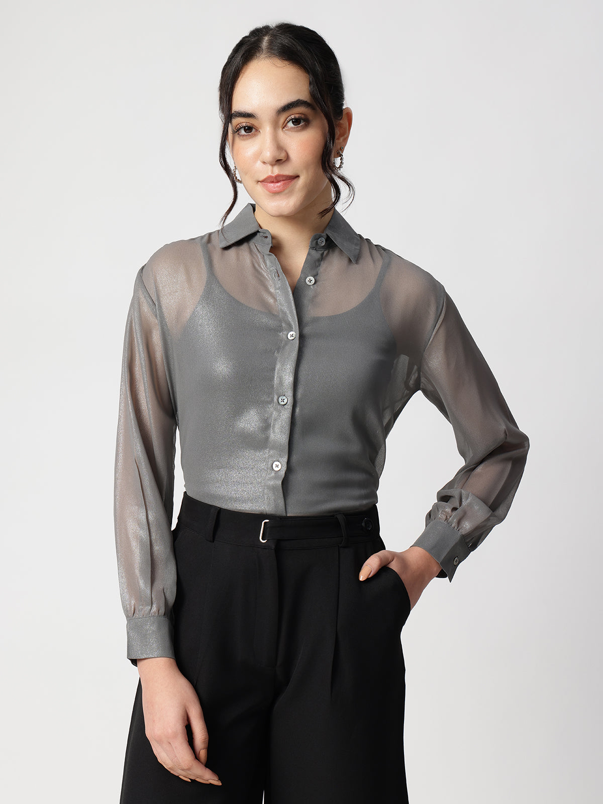 Grey Georgette Spread Collar Shirt