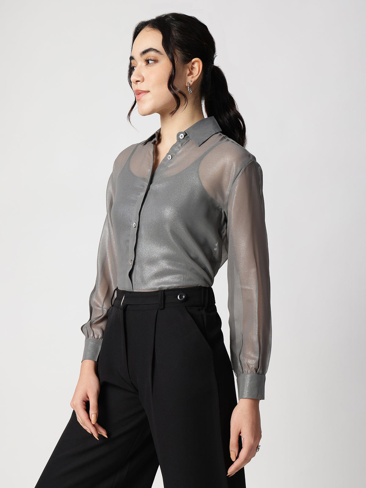 Grey Georgette Spread Collar Shirt