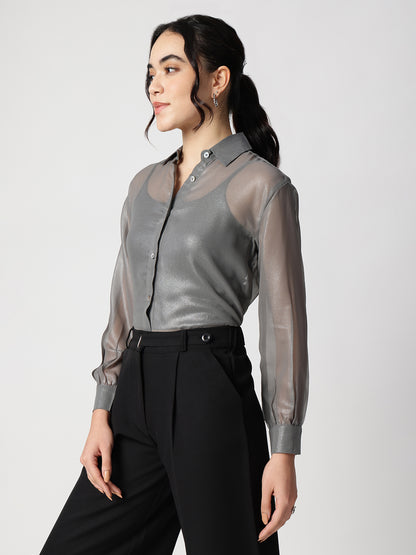 Grey Georgette Spread Collar Shirt