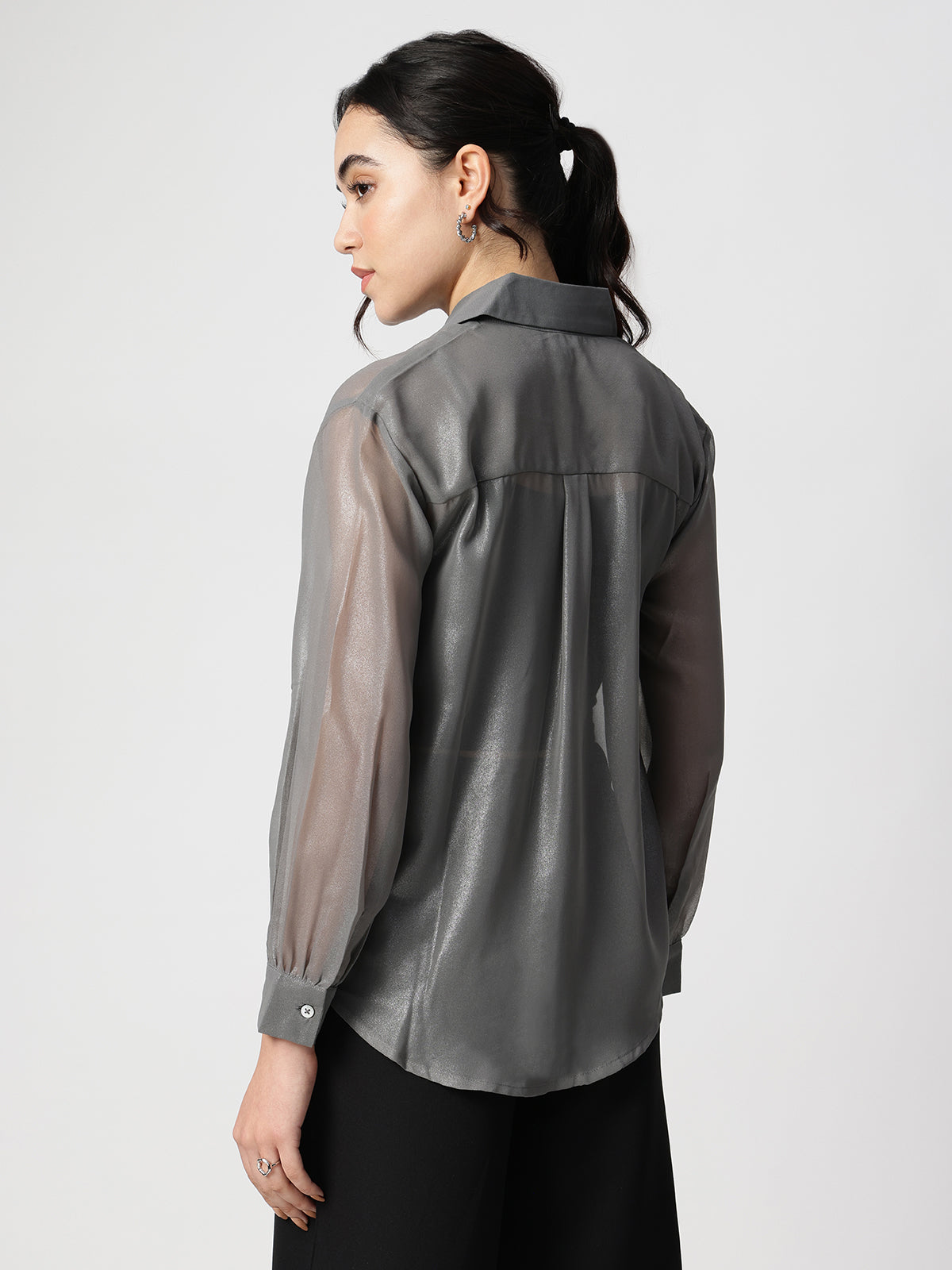 Grey Georgette Spread Collar Shirt