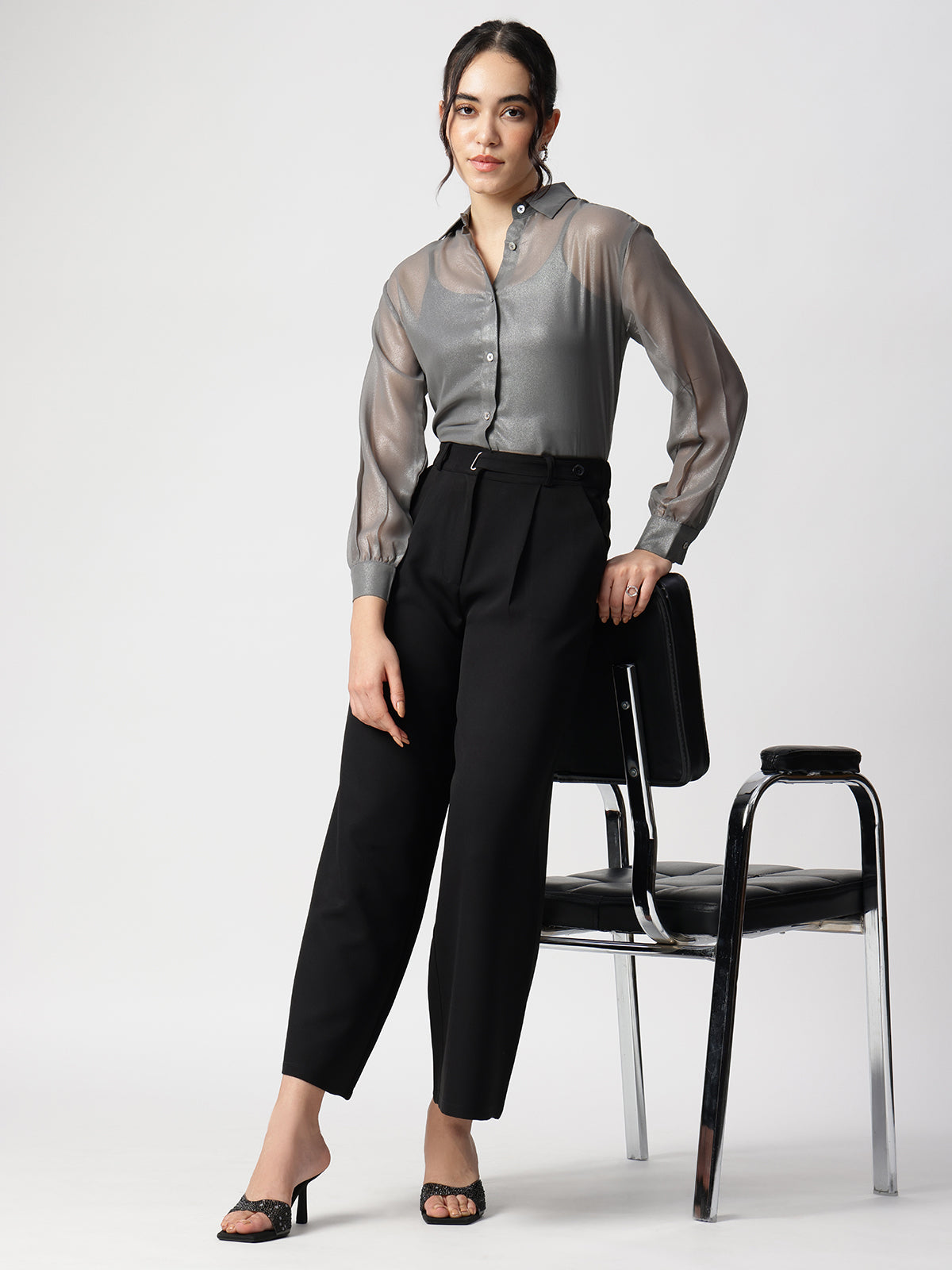 Grey Georgette Spread Collar Shirt
