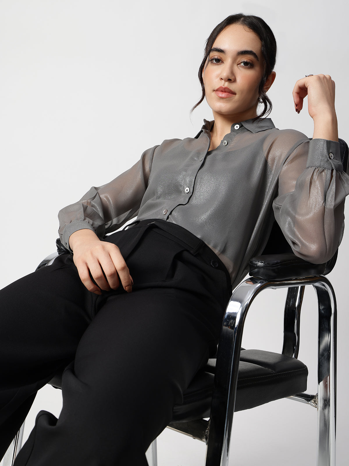 Grey Georgette Spread Collar Shirt