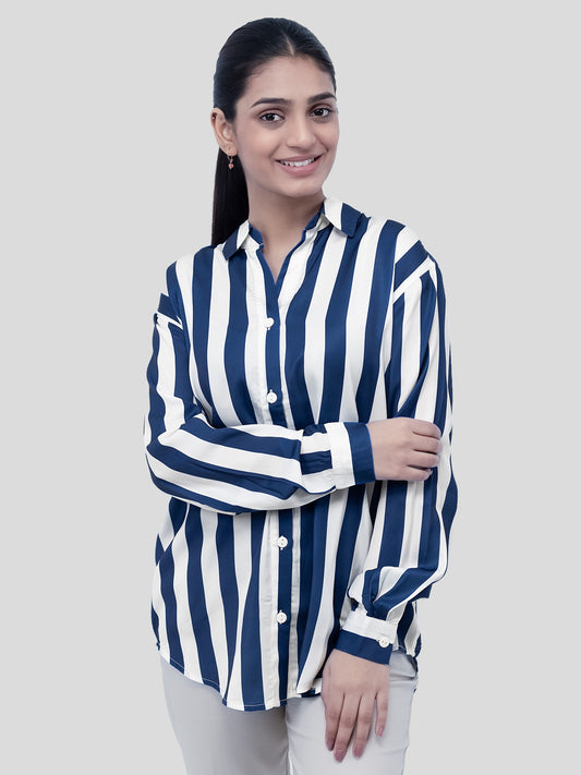 Blue Stripe Satin Spread Collar Shirt