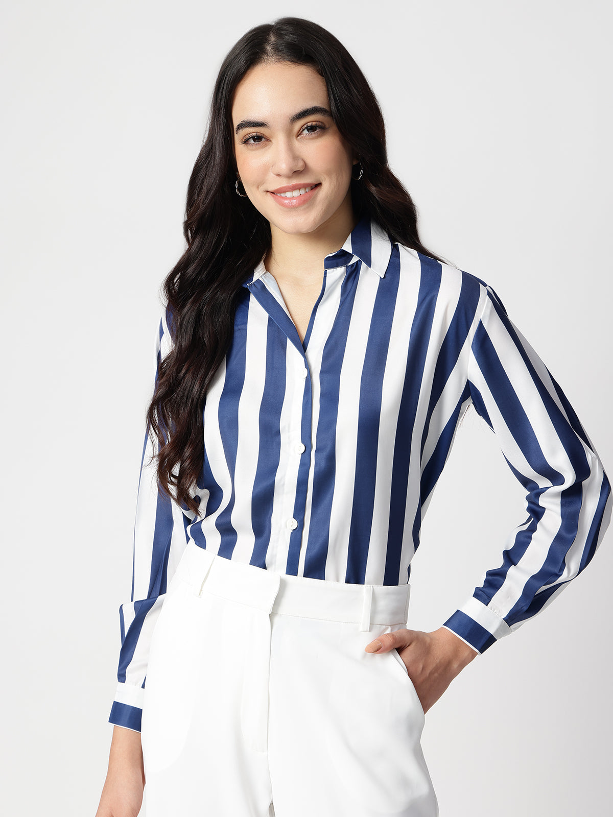 Blue Stripe Satin Spread Collar Shirt