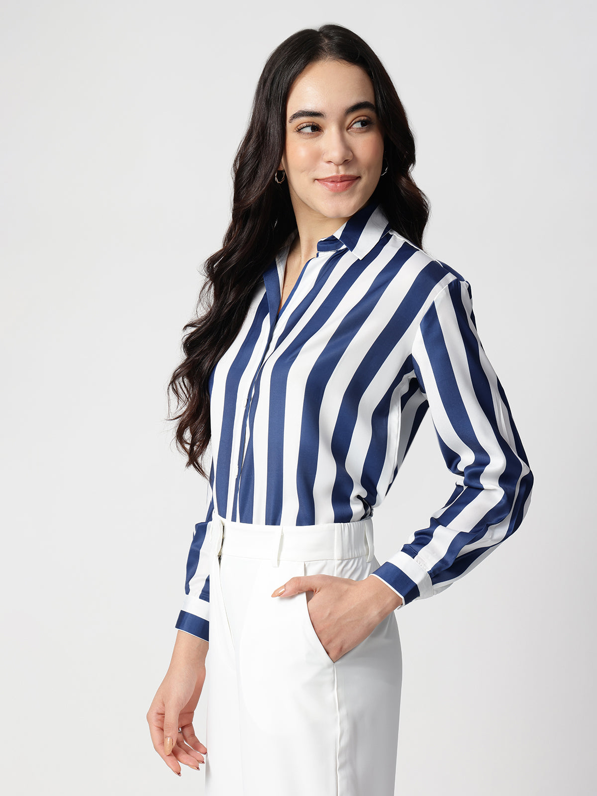 Blue Stripe Satin Spread Collar Shirt
