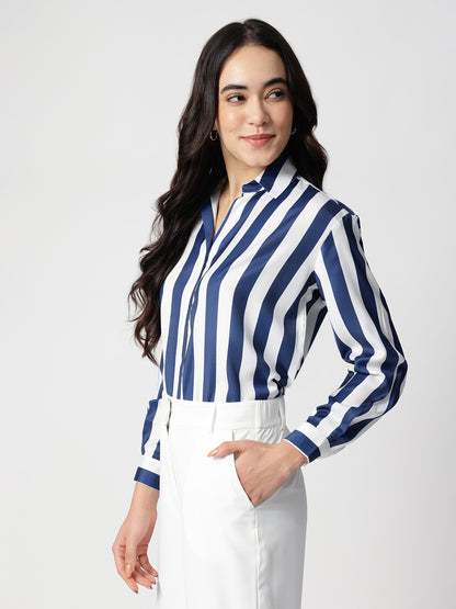 Blue Stripe Satin Spread Collar Shirt