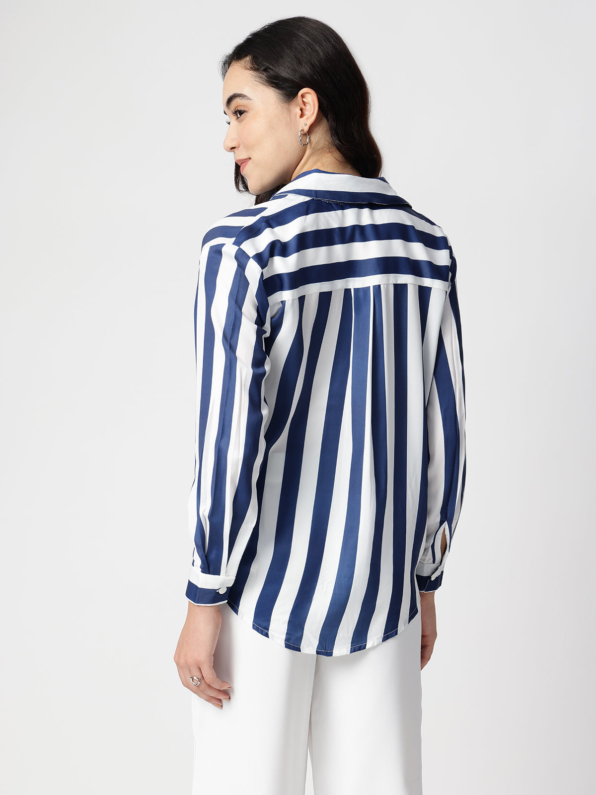 Blue Stripe Satin Spread Collar Shirt