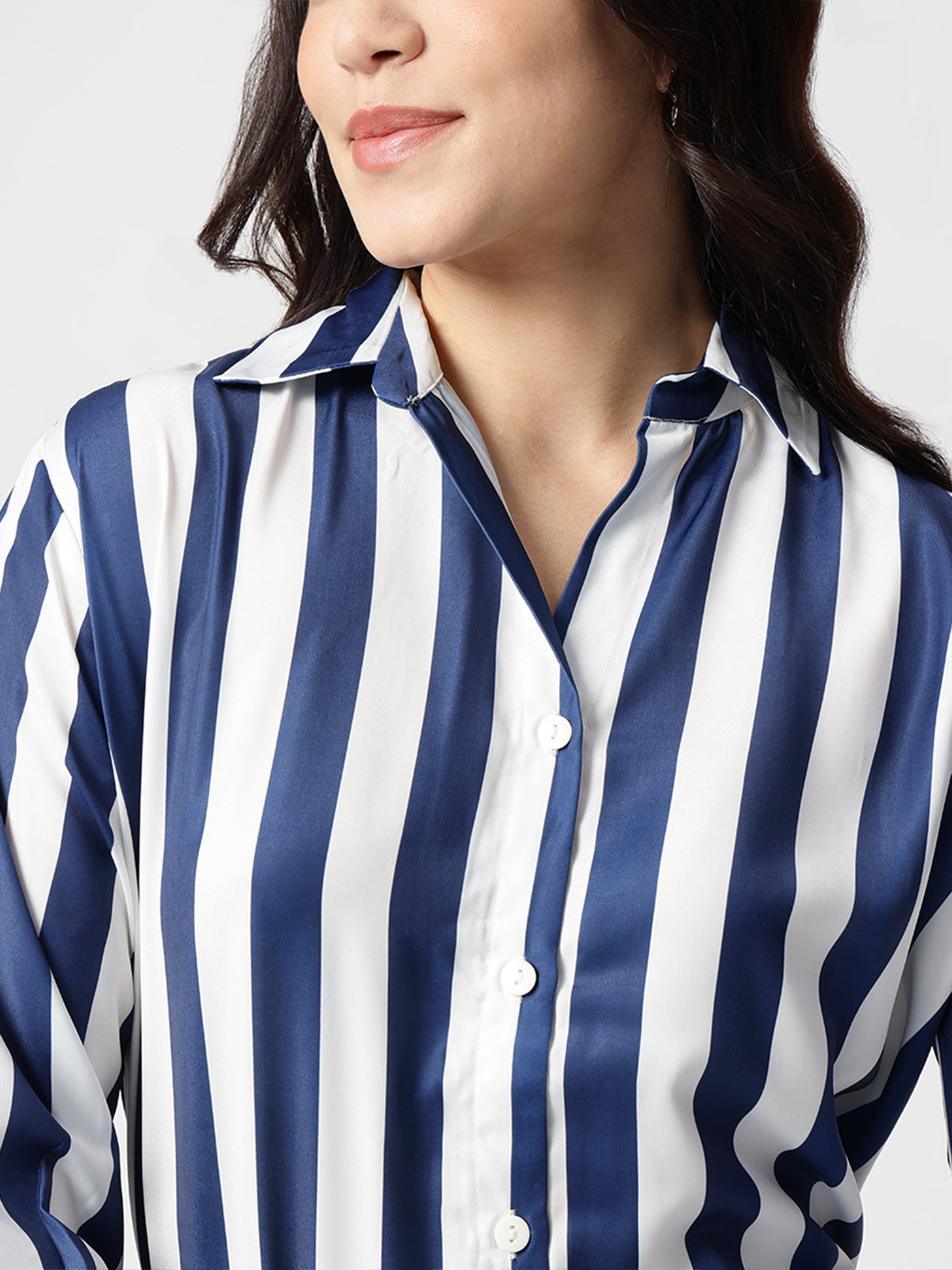 Blue Stripe Satin Spread Collar Shirt