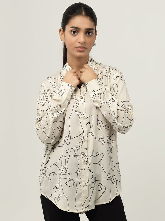 Abstract Beige Satin Spread Collar Shirt