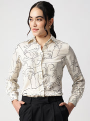 Abstract Beige Satin Spread Collar Shirt