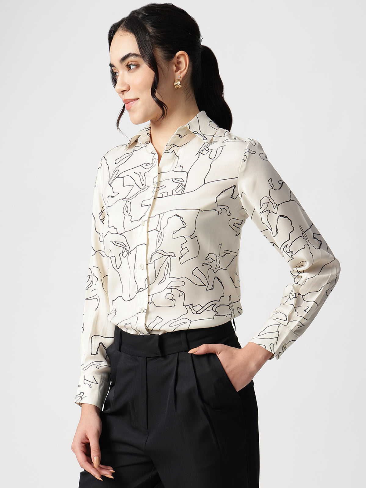 Abstract Beige Satin Spread Collar Shirt