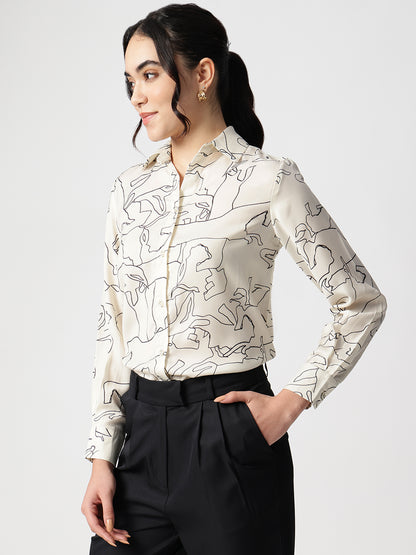 Abstract Beige Satin Spread Collar Shirt